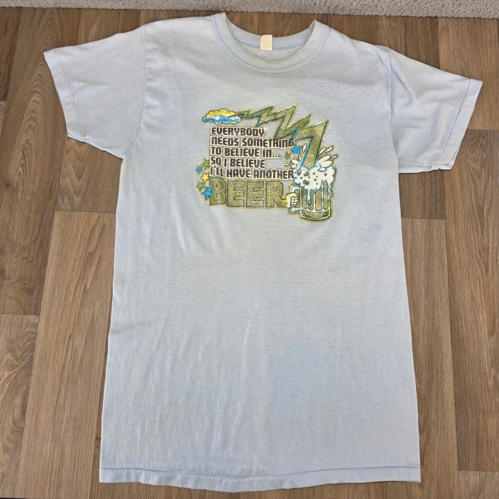 Vintage 1979 L&H Beer Novelty T-Shirt Light Blue Single Stitch Glitter Graphic M